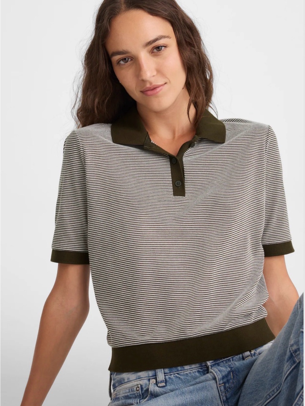 Madewell Striped Shrunken Polo Tee in Bronzed Avocado NW957